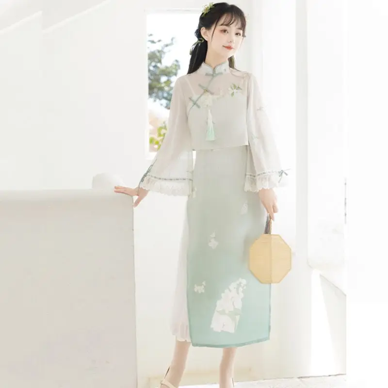 [Moli Letter]Chinese Style Daily Improvement Han Element Overlay Sling Skirt Set Kol Saati Green Kawaii Dress