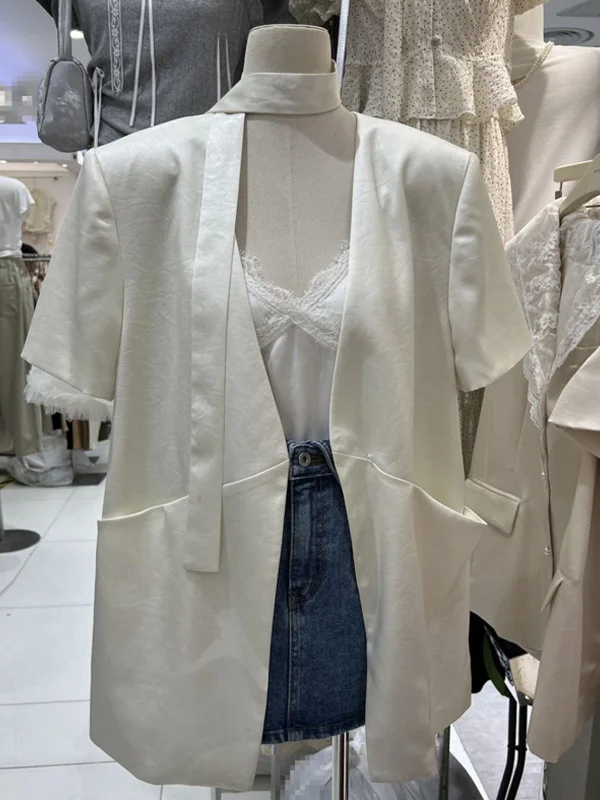 

Модный женский летний пиджак с V-образным вырезом и коротким рукавом, новый стиль, элегантный свободный топ для офиса, повседневный, однотонный, из полиэстера