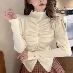 Slim Pleated Temperament Pullovers Top Autumn New Long Sleeve Solid Color Youth Elegant Sweaters Korean Sweet Women Clothing