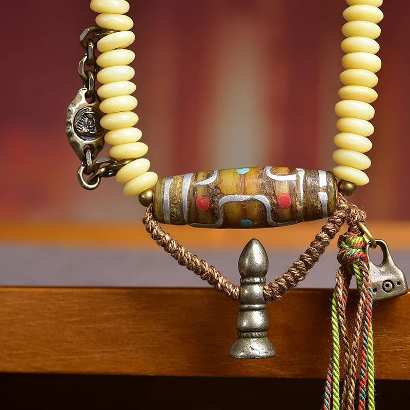 Yak bone 108- Buddhist with beads, multi-loop bracelet, glass agate, and Dzi bead accessories