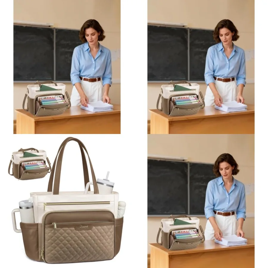 

LOVEVOOK Teacher Tote Bag with Accordion File Pocket, Soft PU Leather Work Briefcase Quilted Laptop Bag with Large Cup Holder