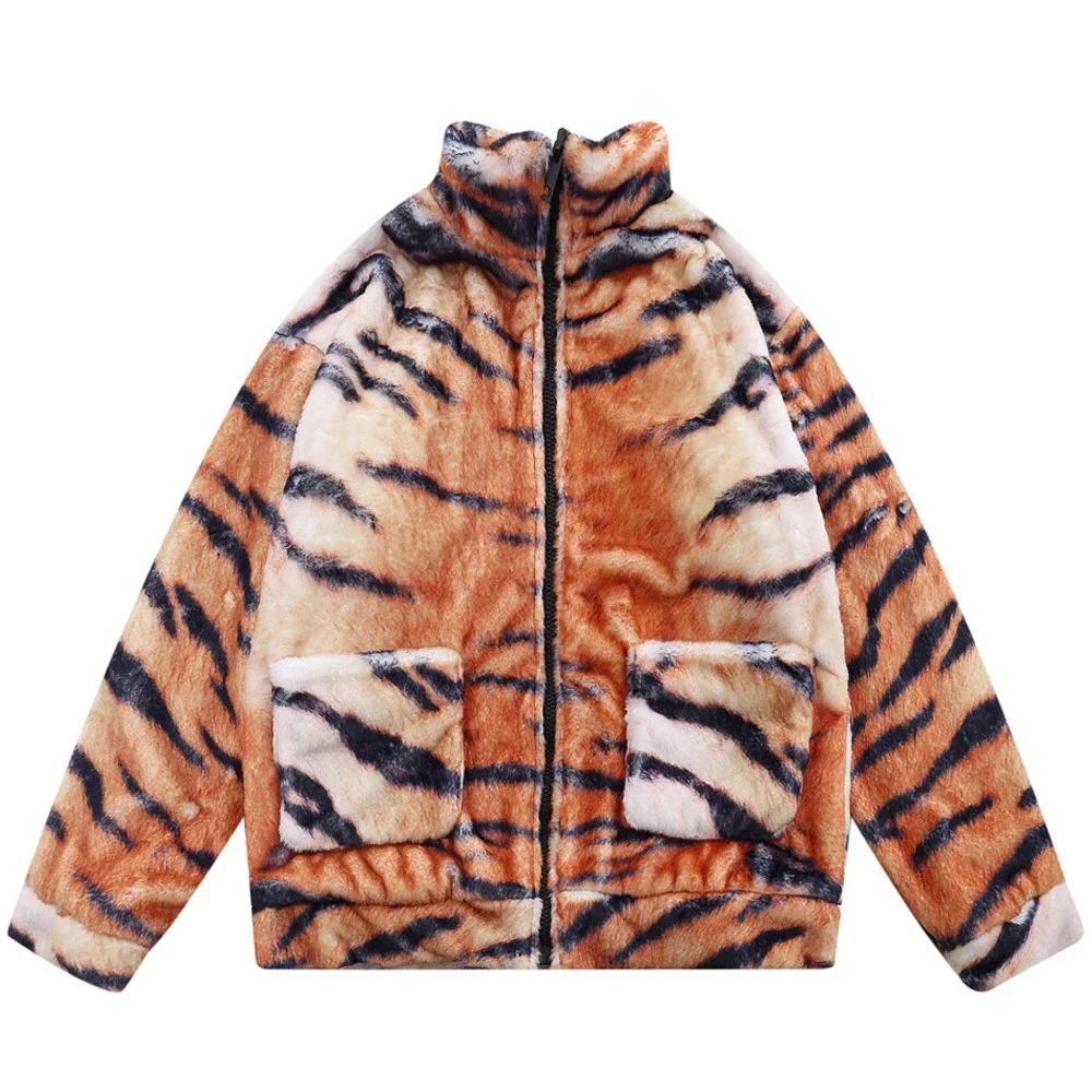 Hip Hop Parka Jacket Men Tiger Print Pattern Plush Padded Coats 2023 Couple Winter Streetwear Harajuku Casual Loose Outwear Tops