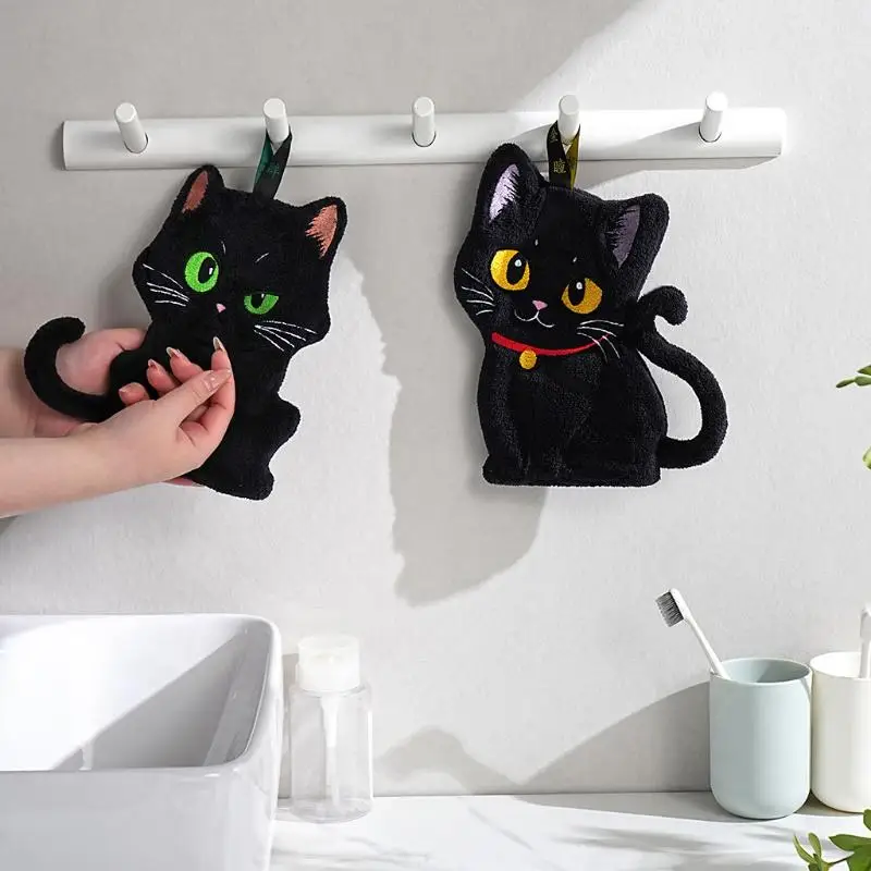 New-Cartoon Black Cat Hand Towel Animals Shape Absorbent Hand Cloth Kitchen Cleaning Wipe Cloth Kid Bathroom Hanging Towel