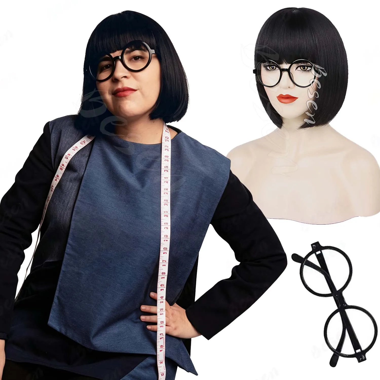 Synthetic Black Bob Wig+Glasses,Short Bob Bangs Wig for Women,Anime Edna Mode Costume Wig for Halloween Cosplay Daily Party Use