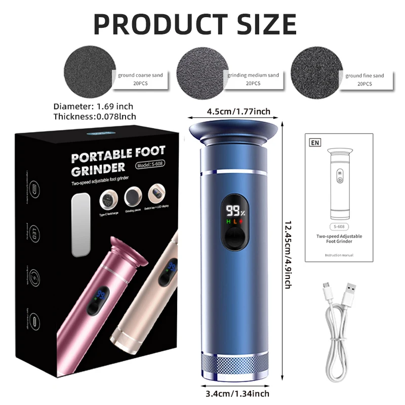 Blue electric foot Grinder wtih 30PCS Replacement Pads 2 Adjustable Speeds, Electric Callus Remover Pedicure File, With Gift Box