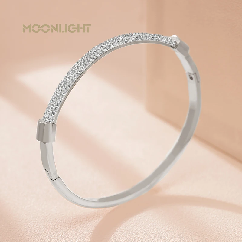 MOONLIGHT-Pulseiras Cubic Zirconia para Mulheres, Pulseira de Aço Titanium na moda, Jóias Circulares, Presente Clássico, Moda Feminina