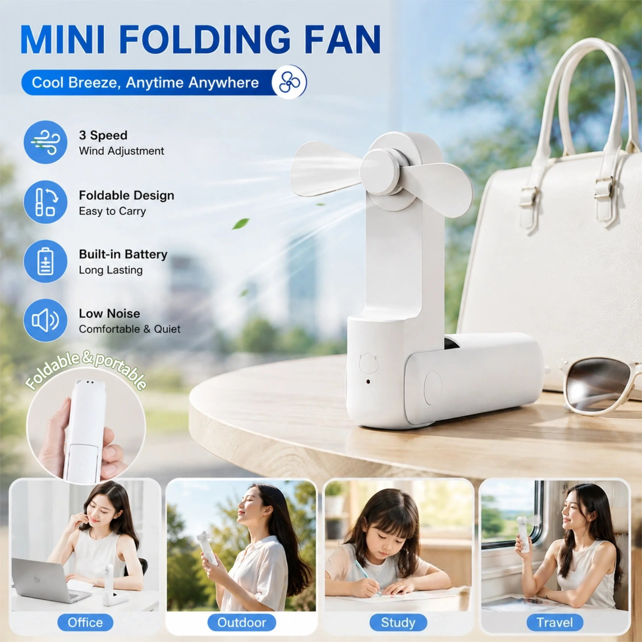 

Mini Folding Fan Adjustable To Three Speed Levels Supports USB Charging Portable Handheld Outdoor Pocket Travel Fan 1200mah