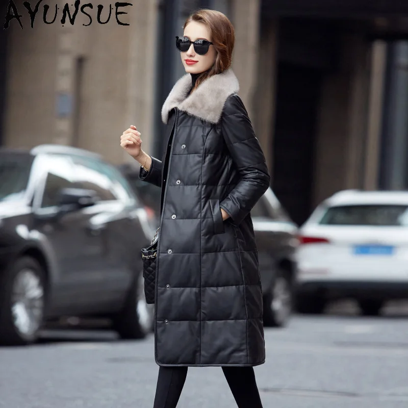 AYUNSUE-Chaqueta de plumón de cuero auténtico para mujer, abrigo de piel de oveja auténtica, Cuello de piel de visón, Parkas largas negras, abrigos y chaquetas de invierno