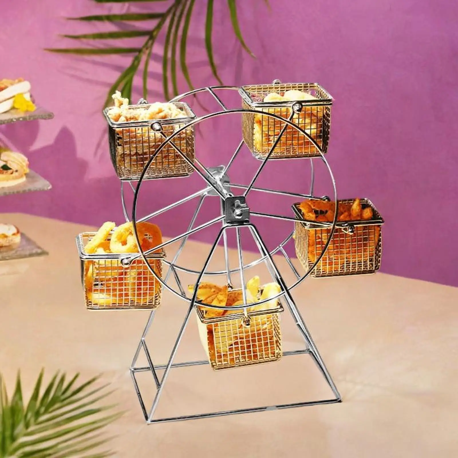 

Wheel Snack Rack Snacks Server Chicken Fruit Bowl Display Stand Party Serving Dishes with 5 Baskets Snack Stand