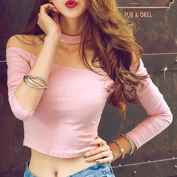 Korea style sexy slash neck black t-shirt women long sleeve halter top Girl t shirt crop top ropa de mujer vintage t shirts