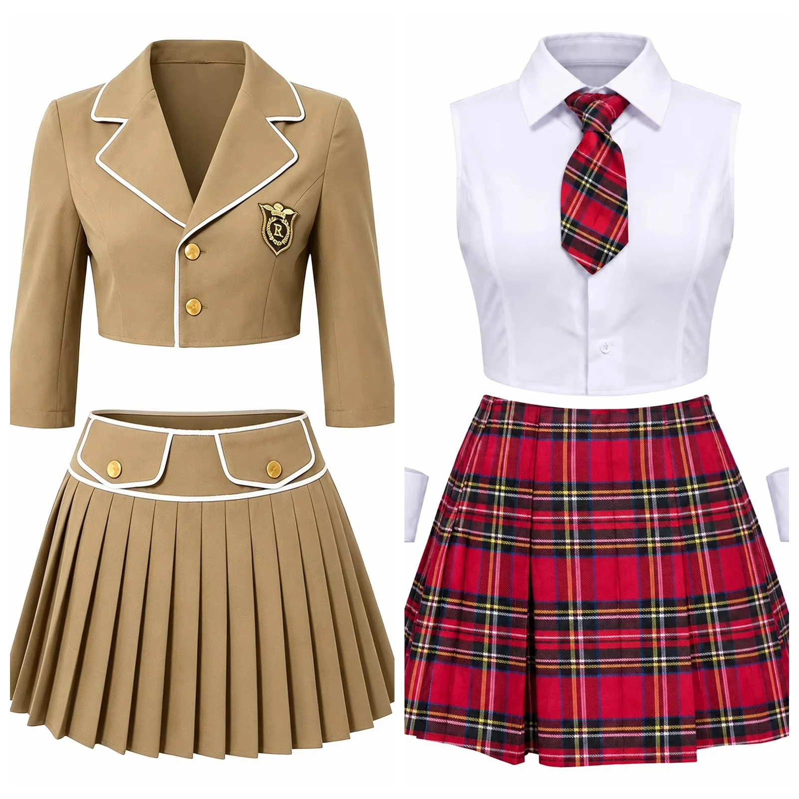 女性学生向けコスチューム。日本の学校制服、韓国の学校制服をモチーフにしたクロップド丈のトップスとスカートのセット。ハロウィーンのテーマパーティーやアニメイベントに最適。