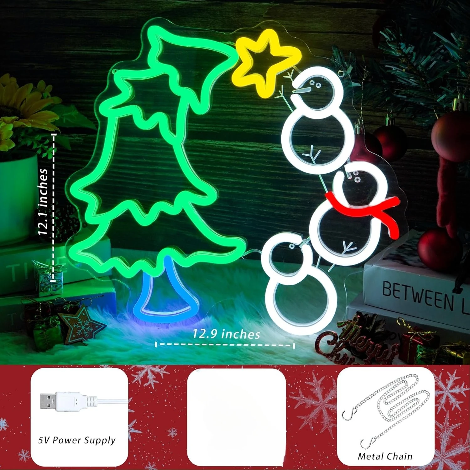 USB Dimmable Christmas Tree with Snowmen Neon Light Warm White Glow LED Sign for Home Party Holiday Decor Festive Gift Idea