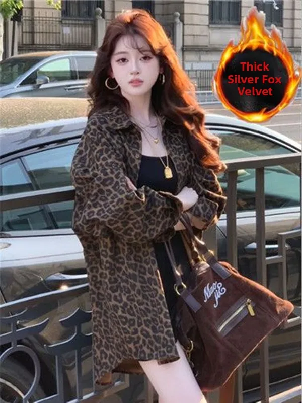 

Retro Hong Kong Sle Women's Denim irt Jaet with Fce Loose Long Open Cardigan Leopard Print Casual Top for Autumn Winter
