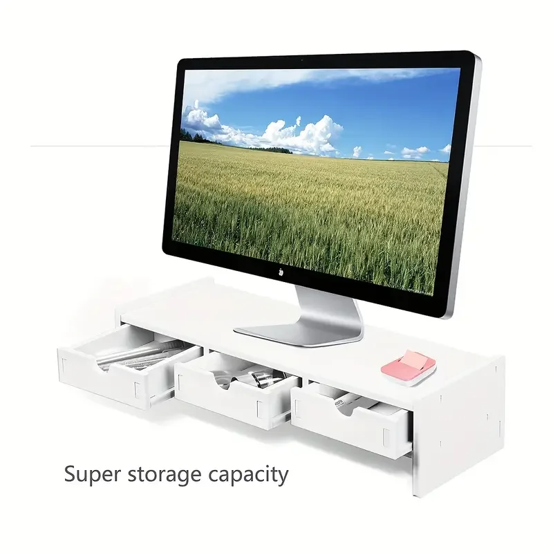 White Monitor Stand Riser with 3 Drawers, Wooden Desktop Computer Riser Shelf, Laptop Stand for Desk Organization & Storage