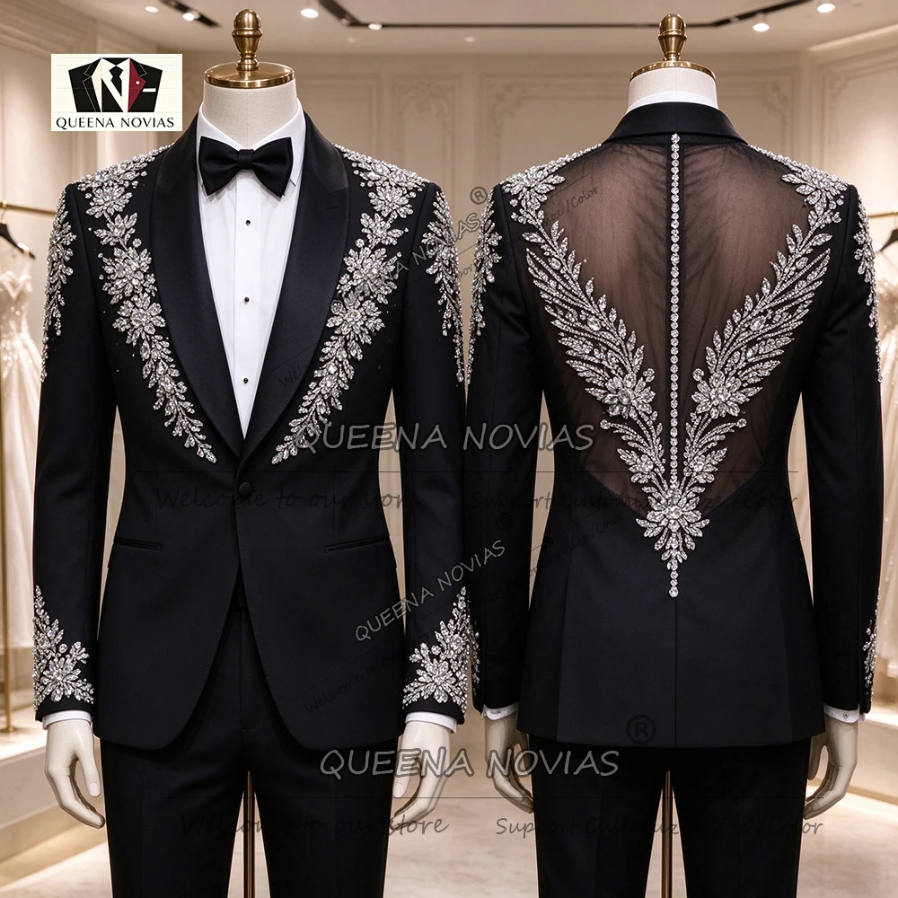 Unique Design Groom Wedding Tuxedos Suit Sets Illusion Tulle Crystals Stones Prom Blazer Customized Single Breasted ManOutfits