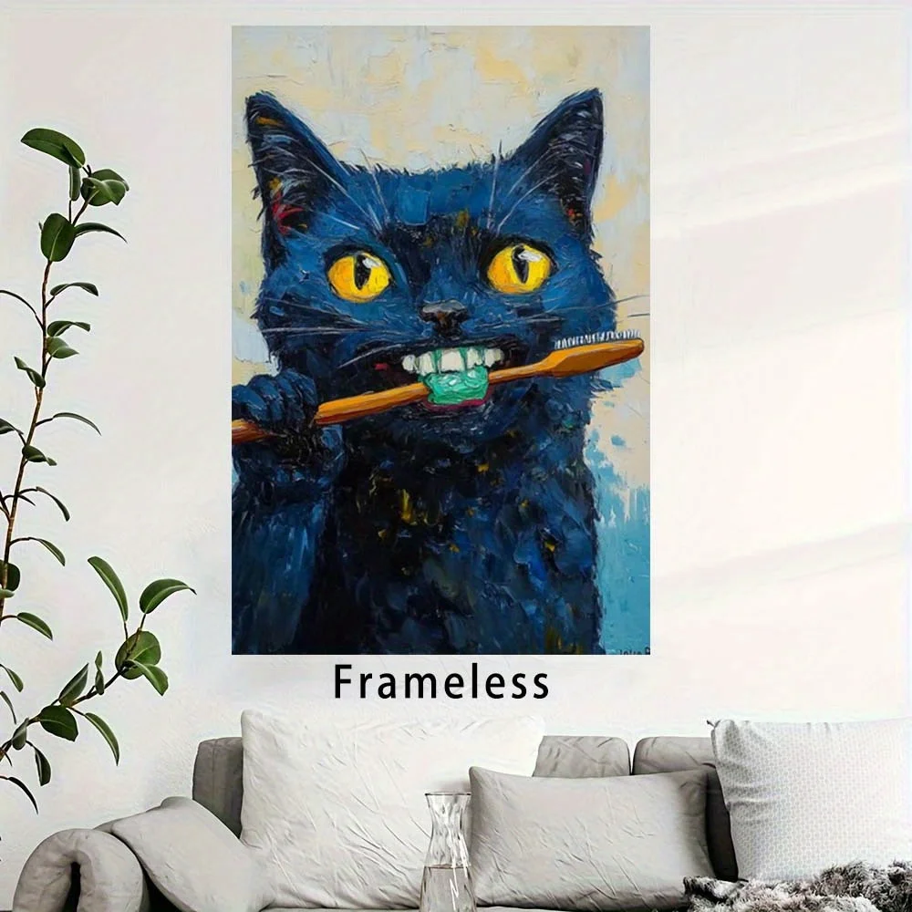 Lienzo artístico de pared con dientes de cepillado de gato negro divertido, decoración de baño inspiradora sin marco para el hogar, la oficina, el dormitorio, 1 ud.