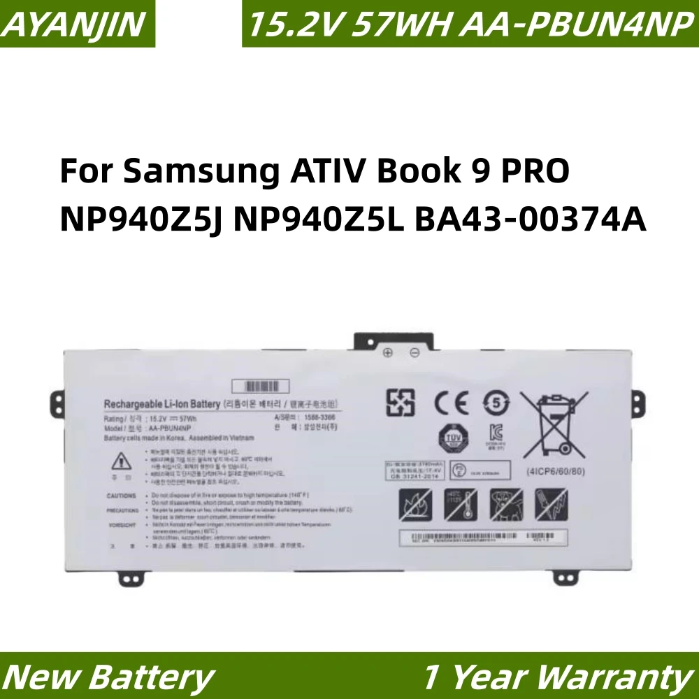 New AA-PBUN4NP 15.2V 57WH 3780mAh Battery for Samsung 4ICP6/60/80 BA43-00374A NP940Z5J NP940Z5L-S03US PBUN4NP