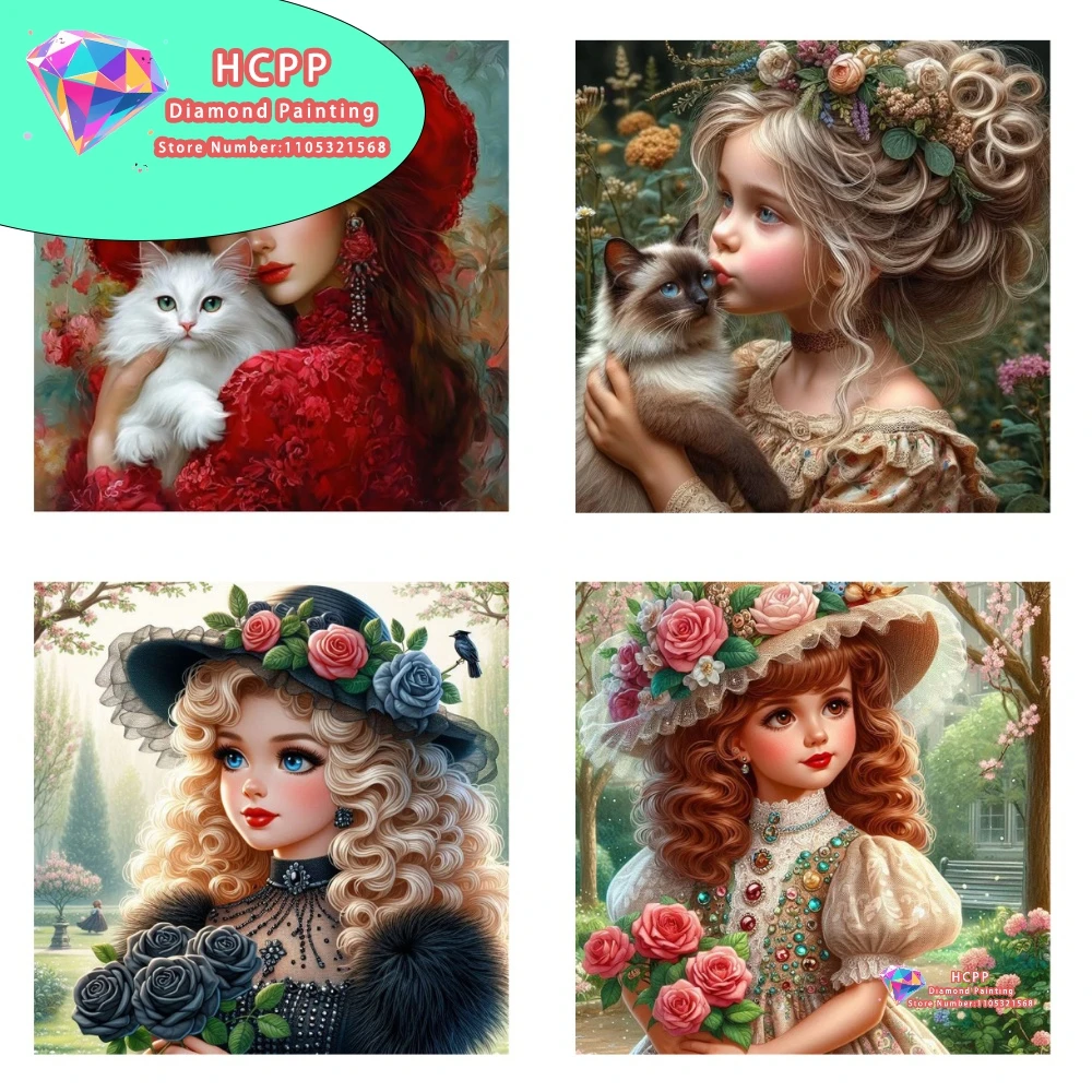 Mädchen-Katzen-Rosen-Porträt Diamant-Malerei-Set Quadratische Runde Diamanten 5D DIY Mosaik Handgemachte Kunst Einzigartiges Exquisites Geschenk Heimdekoration