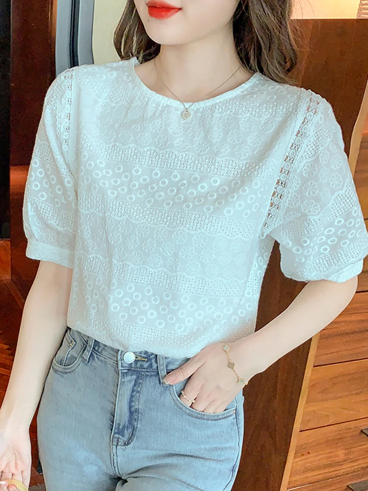 Summer Short Sleeve Blouse Women Blusas Mujer De Moda 2024 Verano O-Neck White Blouse Shirt Women Tops Blouses Femme Shirts E744