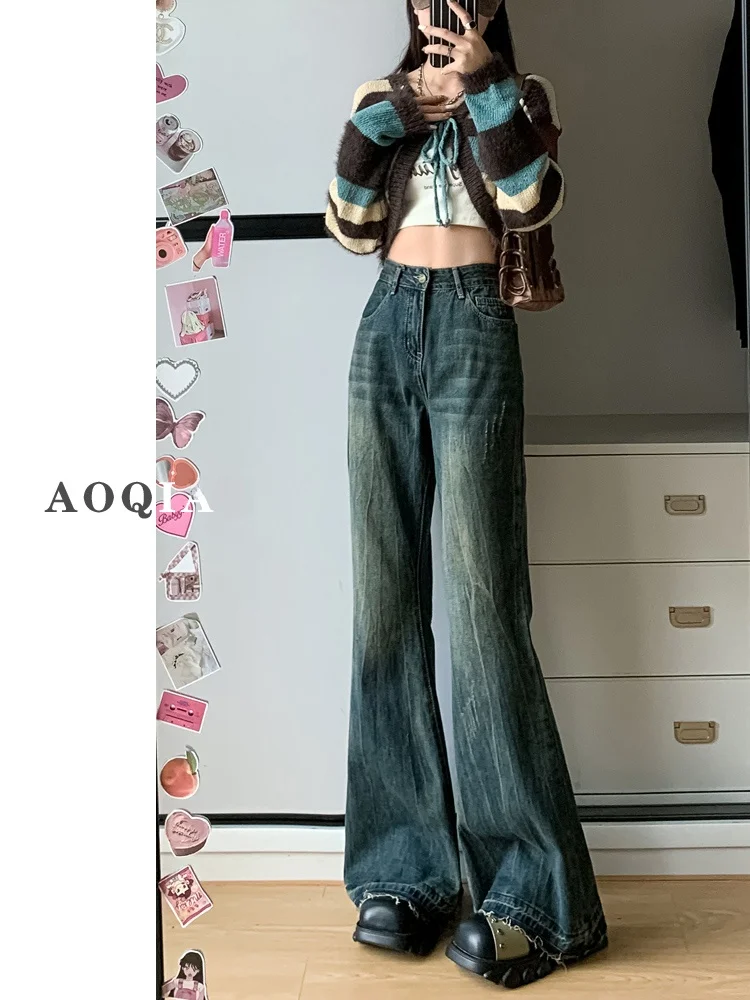 Americano retro queimado jeans feminino outono resistido design pred dobrável leggings longos botão de cintura alta cores de luz profunda