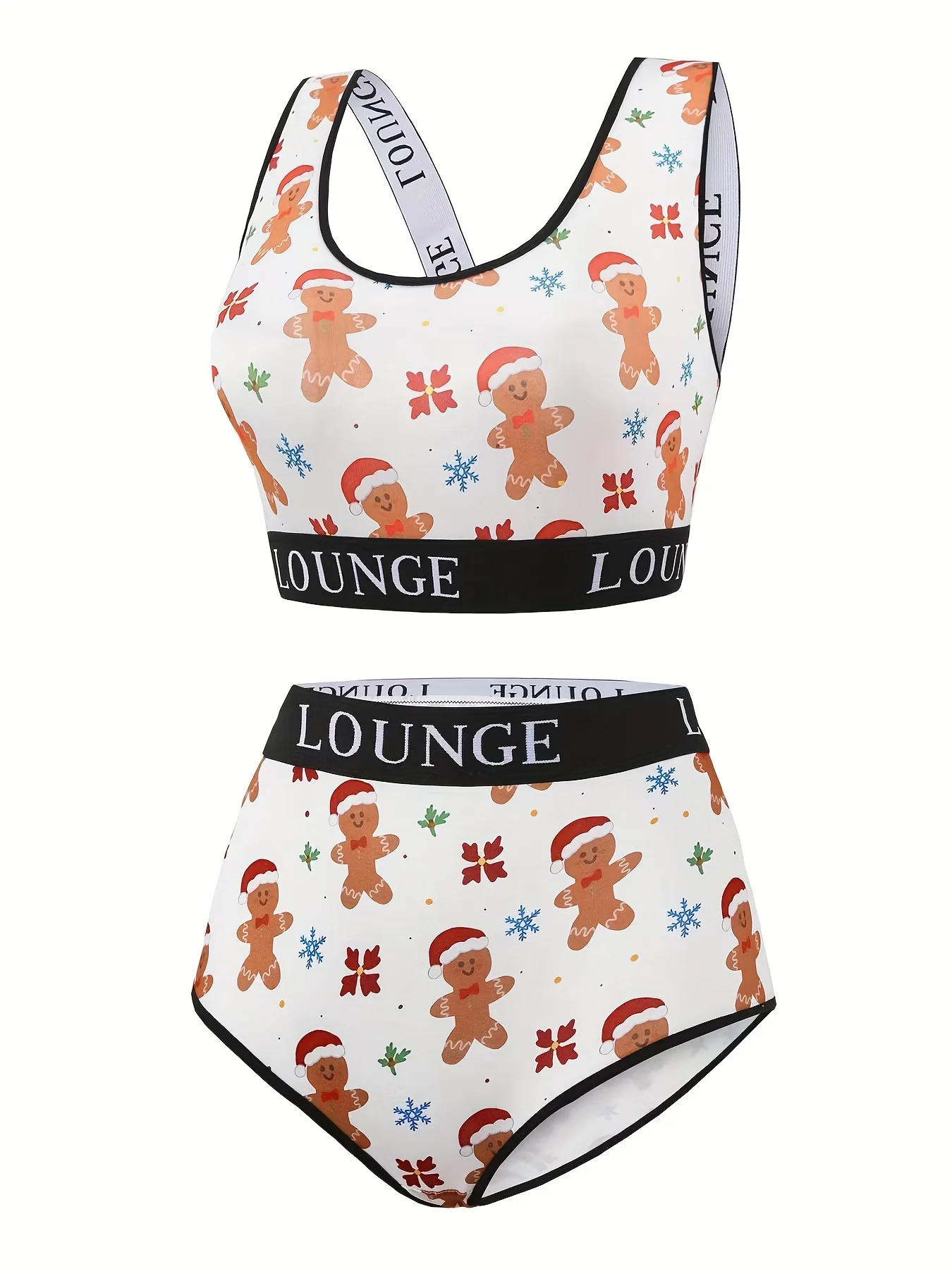 Plus Size Christmas Cute Underwear Set, Women's Snowflake & Gingerbread Man Print Letter Tape Bra & Panty Two Piece Set