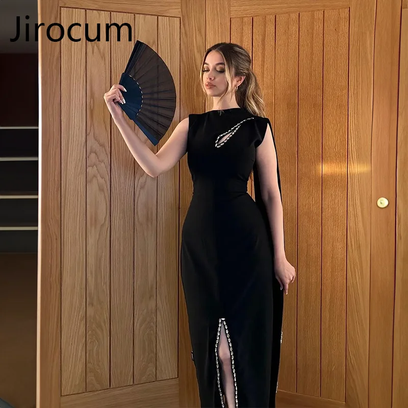 

Jirocum Round Neck Evening Gown Mermaid Women's Side Slit Party Prom Dress Rhinestone Black customized Formal Occasion Dresses