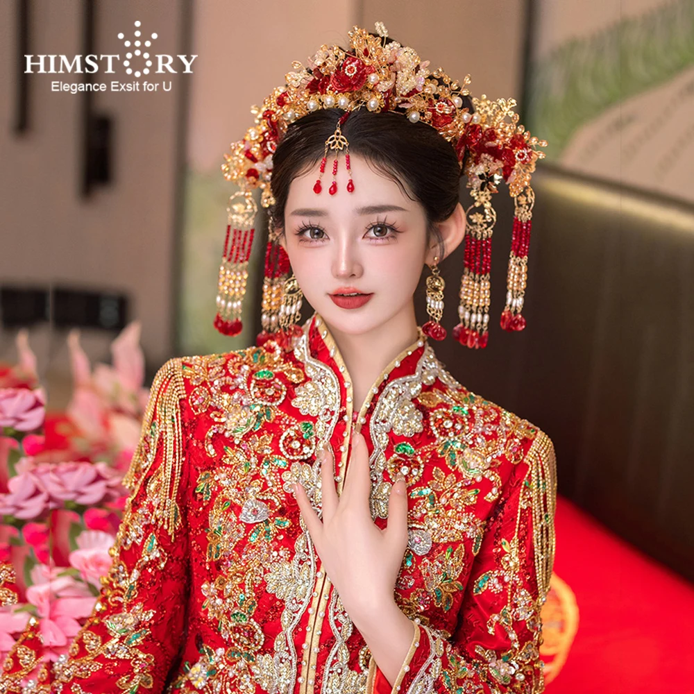 HIMSTORY Chinese Traditional Bridal Hairwear Red Flower Wedding Tassels Hair Crown Accessories