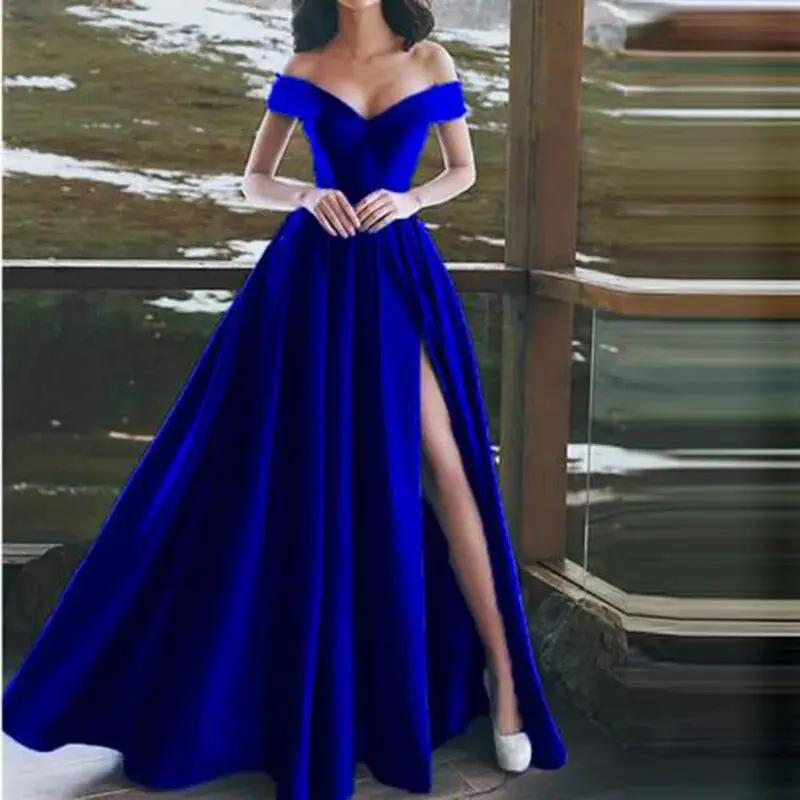 Sexy A-Linie-Abschlussballkleid, Vintage-Kleid für Hochzeitsgäste, schulterfrei, Satin, bodenlang, Rüschen, hohes Schlitzkleid, 2025, kostenlos individuell gestaltet