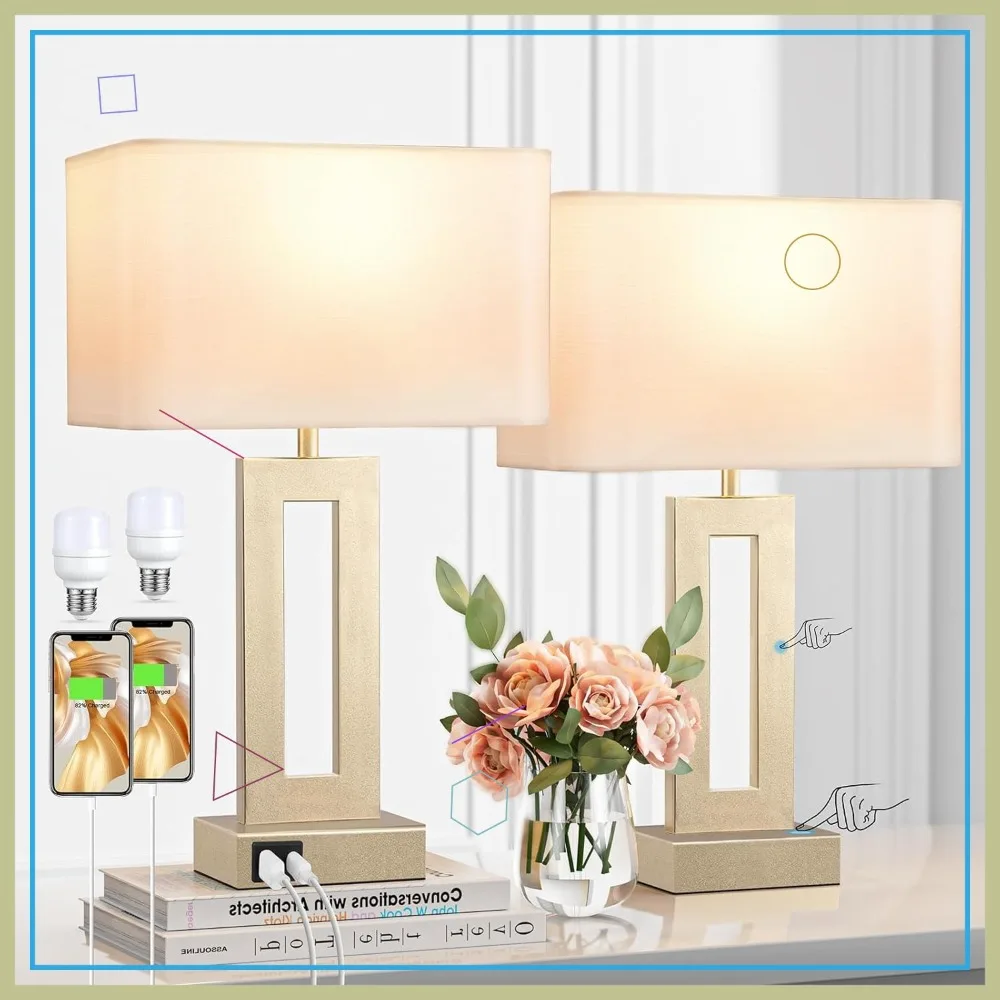 

Набор из 2-х сенсорных диммируемых золотых настольных ламп с USB C+A, современные, для спальни, прикроватной тумбочки, гостиной, рабочего стола