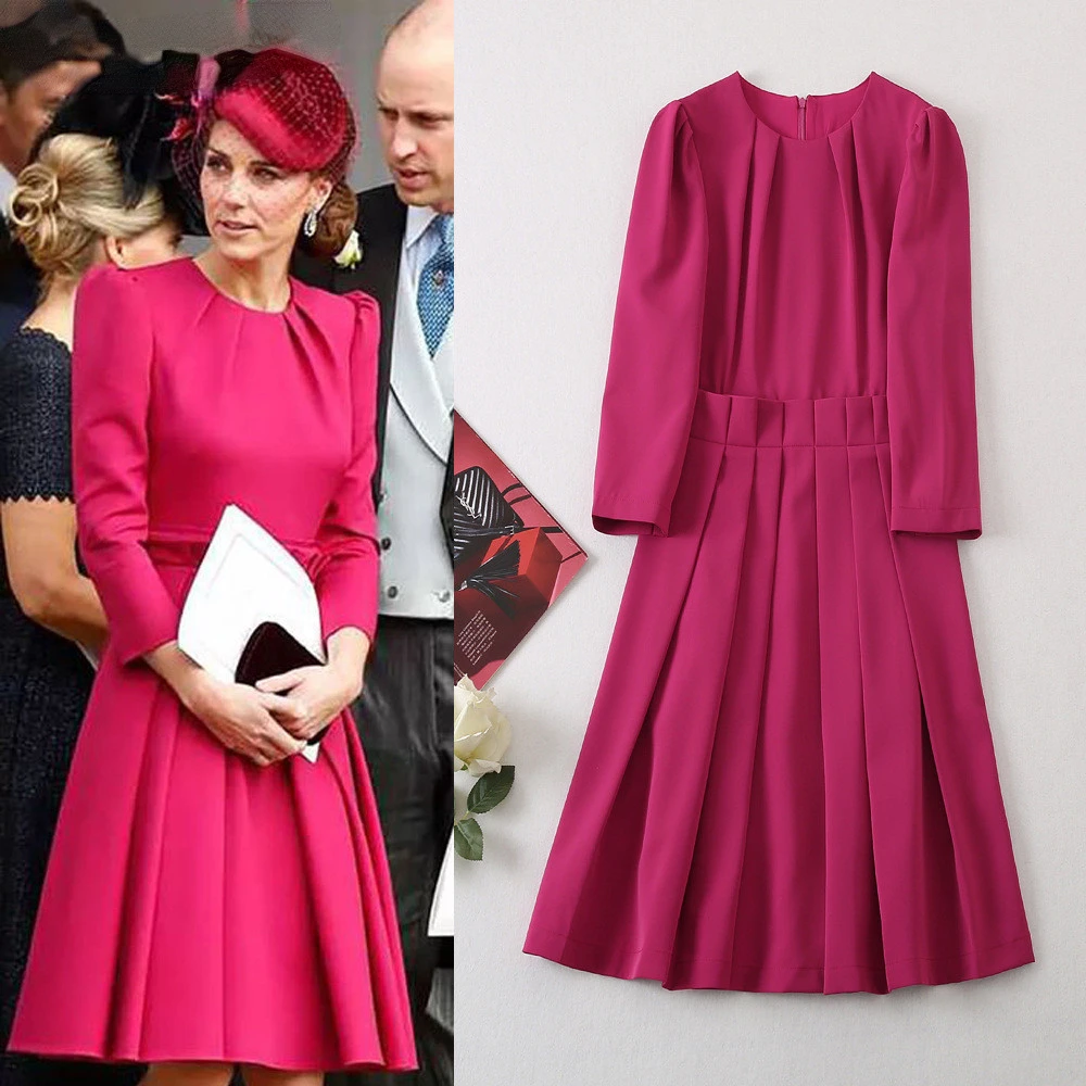 

Elegant Princess Kate Middleton Dress Spring Autumn Fall Pleated Midi Dresses Female Casual Formal Office Ladies Midi Vestidos