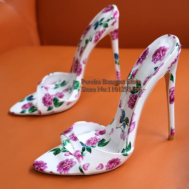 

Flower Printed Pointed Toe Mules Shoes PU Leather 12cm Slip On Women Stiletto High Heels Sandals Concise Summer Slippes