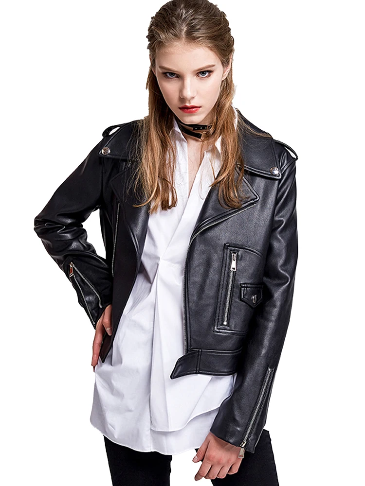 FTLZZ Spring Autumn Women Faux PU Leather Jacket Casual Lady Lapel Zipper Leather Jacket Vintage Motorcycle Coat