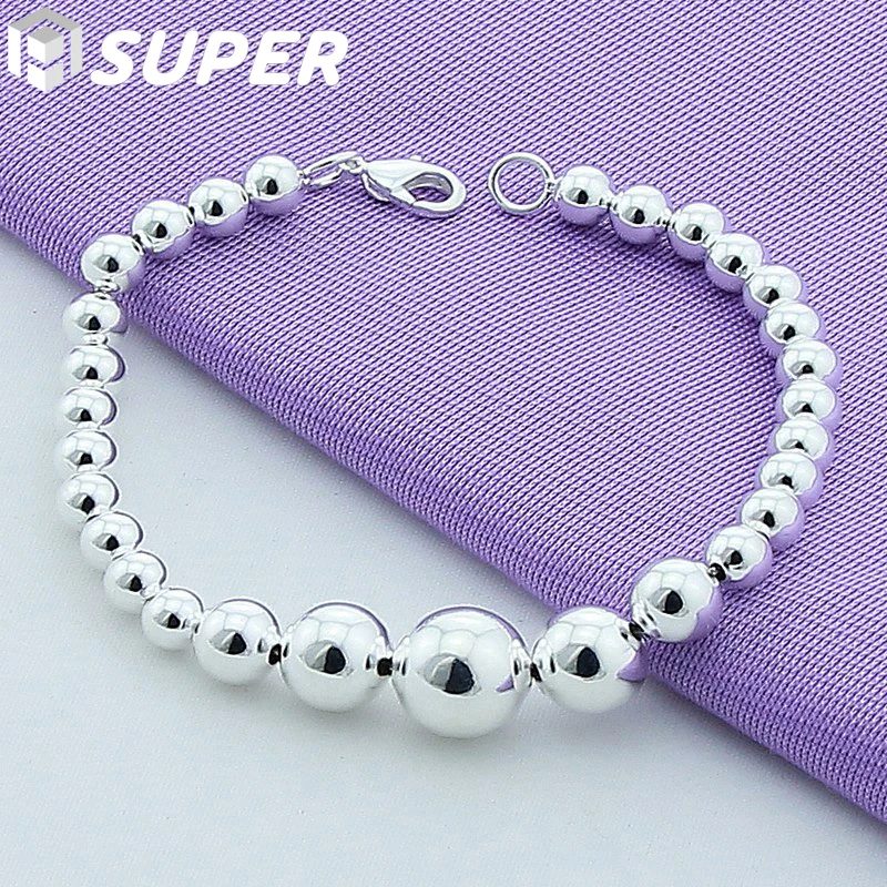 

925 Sterling Silver Gradient Size Smooth Ball Bead Chain Bracelet For Women Fashion Charm Wedding Engagement Jewelry