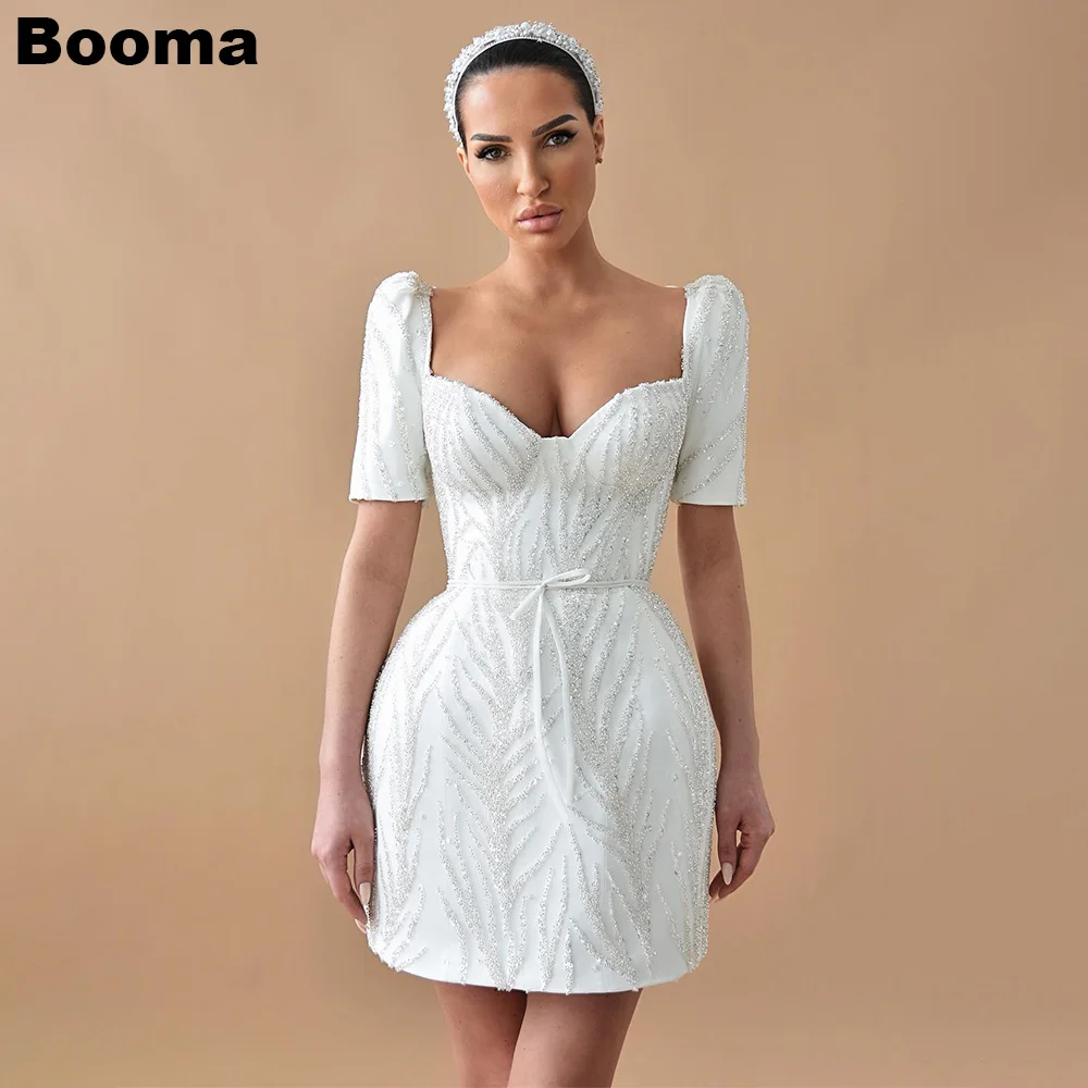 Booma-Robe de Soirée Courte à Paillettes pour Femme, Tenue de Mariage à Manches Courtes, Gala