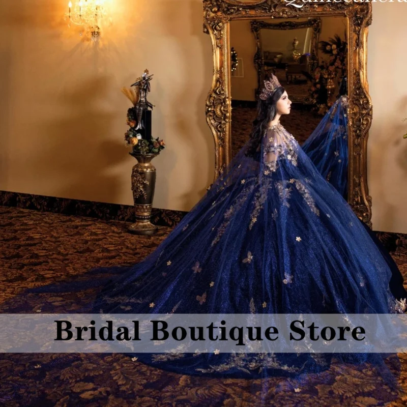 Gaun biru dongker Quinceanera dengan jubah dua sarung tangan manis 16 gaun kupu-kupu applique kristal gaun pesta