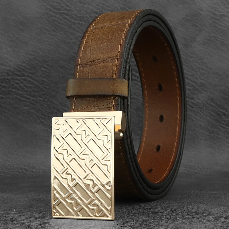 Cinturones marrones vintage de lujo de alta calidad para hombre, hebilla deslizante, cinturilla de diseñador en relieve, pantalones vaqueros de cuero genuino para hombre, ceinture homme