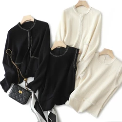 100% Cashmere Suits Women 2 Colors Two Pieces Set Knitting Long Sleeve Coat Sleeveless O Neck Dress New Fashion