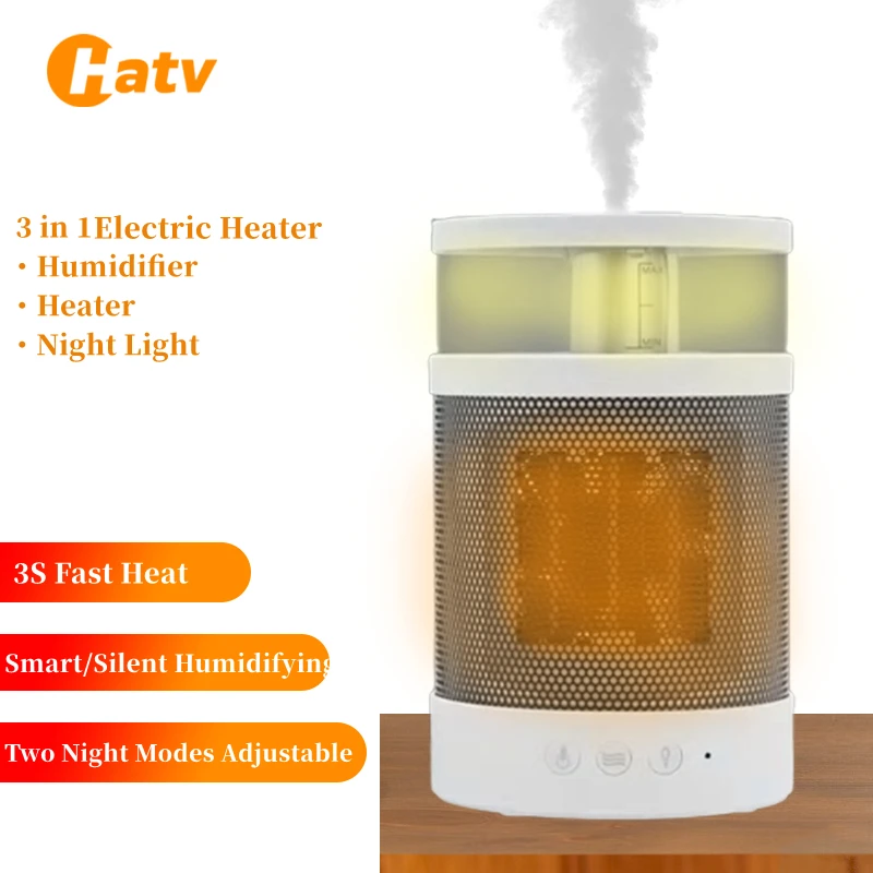 HATV ไฟฟ้าแบบพกพาขนาดเล็กเครื่องทำความร้อน3 In1ความร้อนอุณหภูมิอากาศคงที่ความชื้นกลางคืนที่มีสีสันไฟ