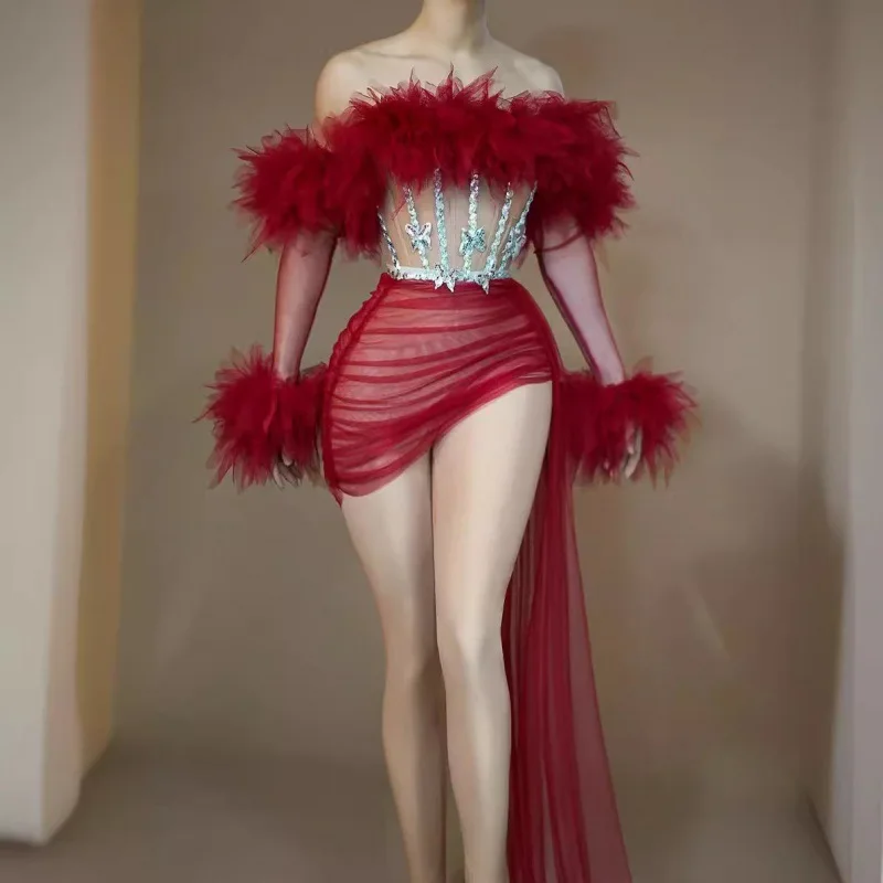 Banquet Shoulder Mesh Waist Feather Sequins Skinny Design Dress Short Skirt Buttocks Women's Troupe Stage Performance Abendkleid