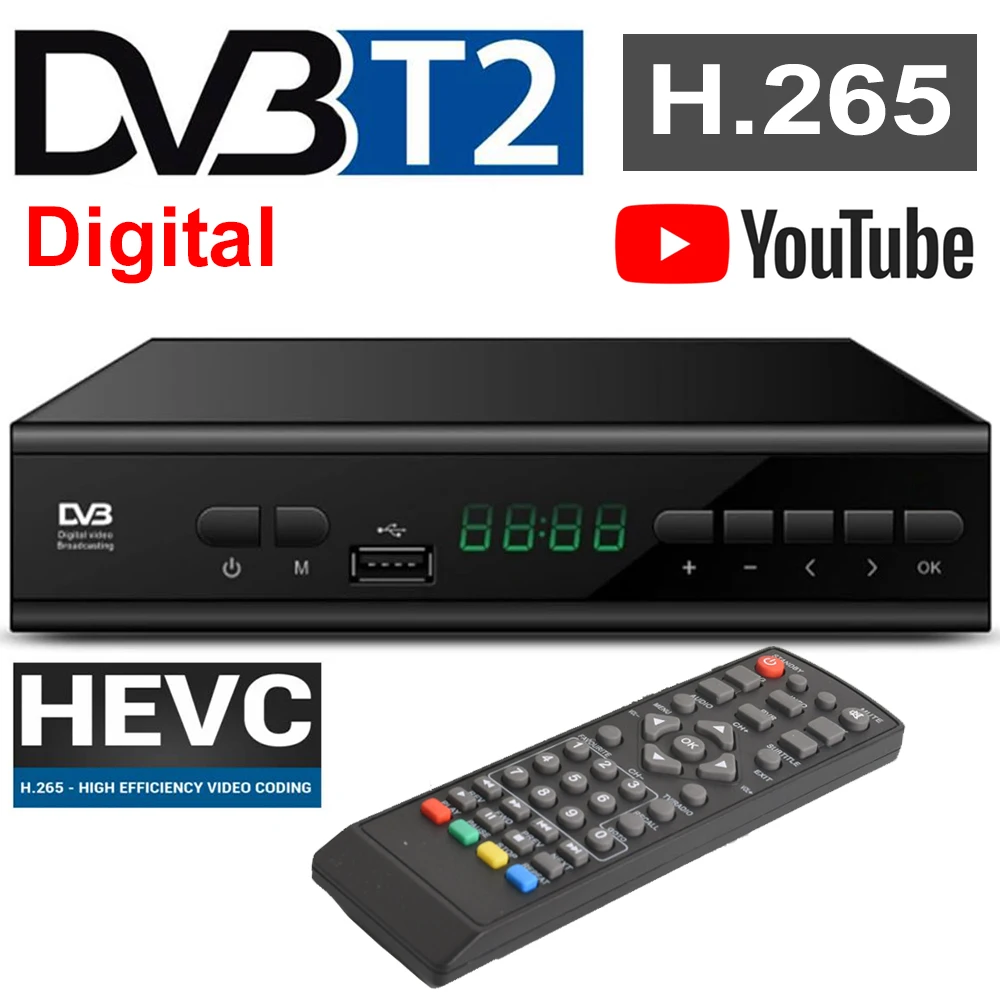 

DVB-T2 H.265 Receiver HEVC 1080P HD Terrestrial Digital Video Broadcast TV TV Box Scart Interface with 100Gb Ethernet Port