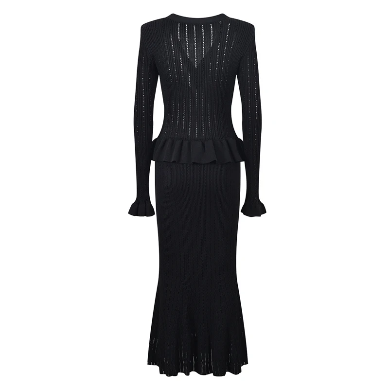 Knitted ruffled splicing dress black autumn new French socialite V-neck women\'s long fishtail dress