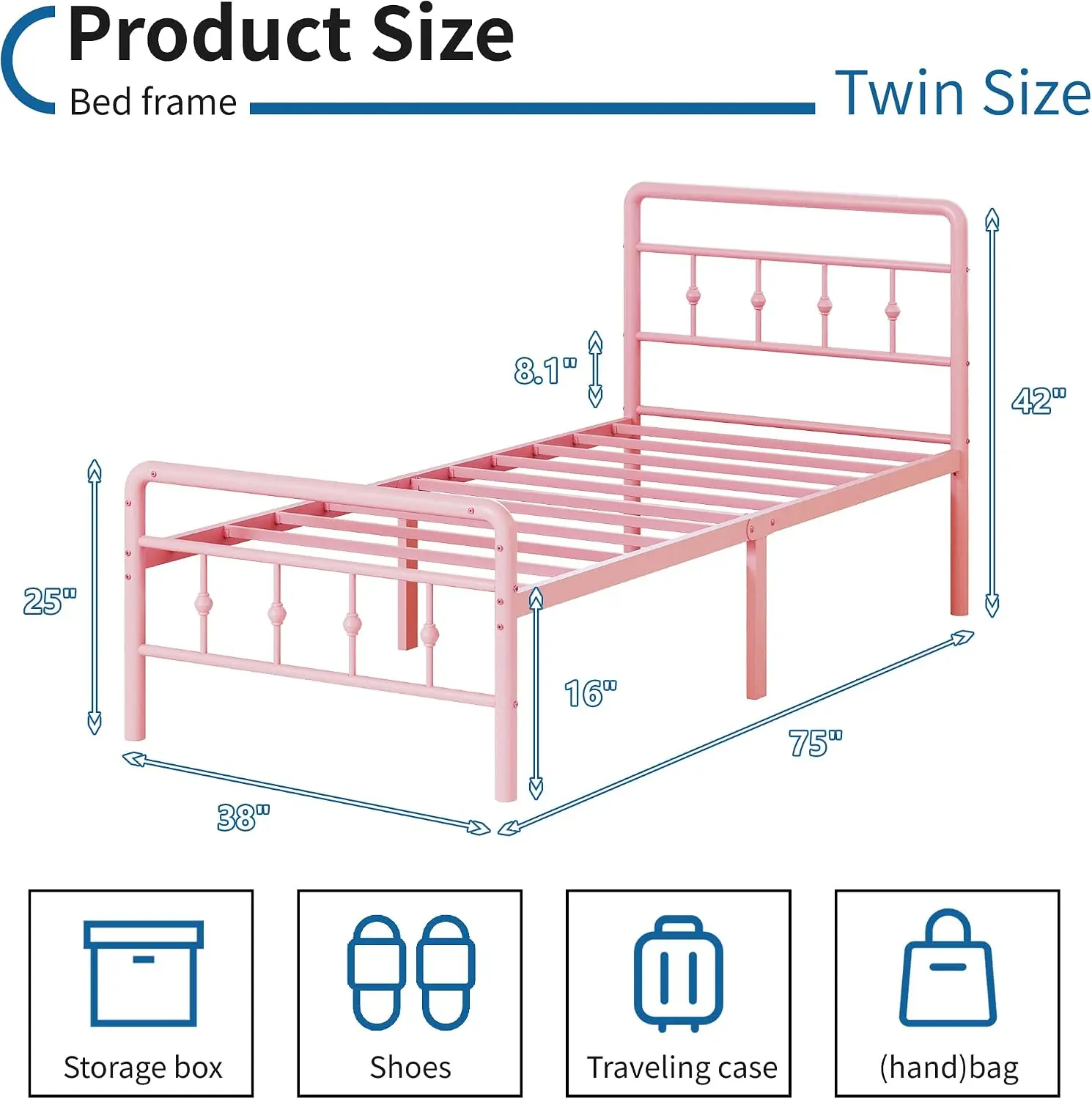 Classic Pink Twin Bed 16 Inch Victorian Headboard Metal Platform Footboard No Box Spring Needed Heavy Duty 14 Inch Under Bed Sto