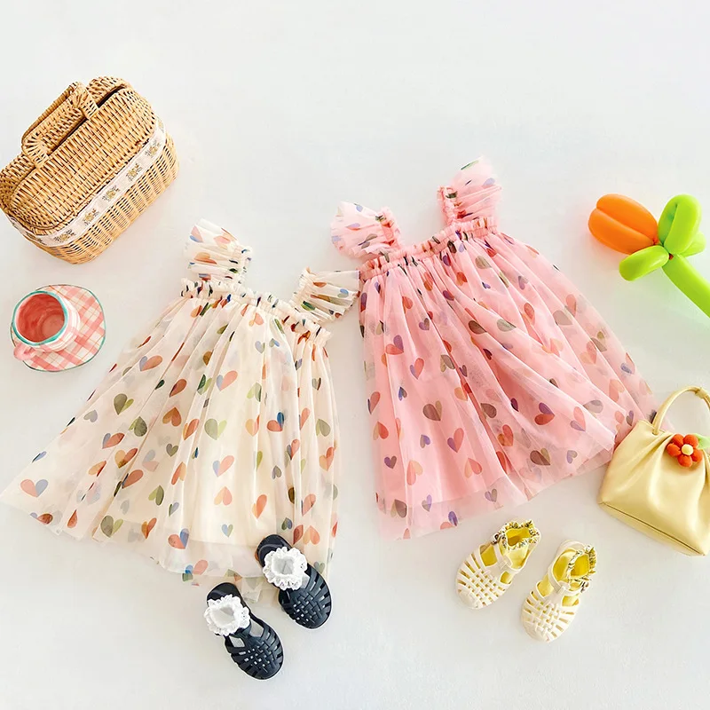 New Summer Fashion Baby Girl Clothes Cute Love Print Mesh Sling Girl Dress Birthday Party Baby Girl Dress Princess Puffy Vestido