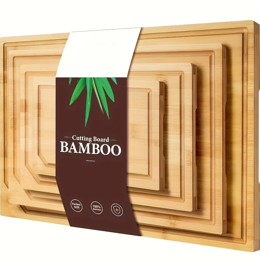 

4pcs of Oversized Bamboo Chopping Board Set with Juice Tank Design, Suitable for Durable Chopping Boards for Meat, Vegetables and Fruits. Mother's Day/ Father's Day Gifts, Essential Kitchen Tools for Family and Friends., Fruit Slicing, Oversized