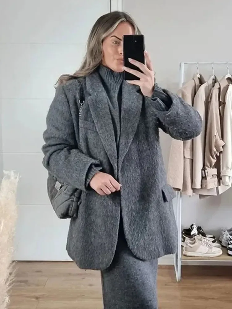 Loose Solid Woolen Pocket Women\'s Jacket Fashion V Neck Long Sleeve Blazer Coat Female Autumn Winter Chic Office Lady Streetwear