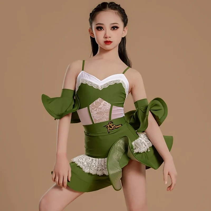 

Green Latin Dance Costume for Girls Kids Training Performance Lace Sleeveless Jumpsuit and Big Swing Skirts Children Dancewear