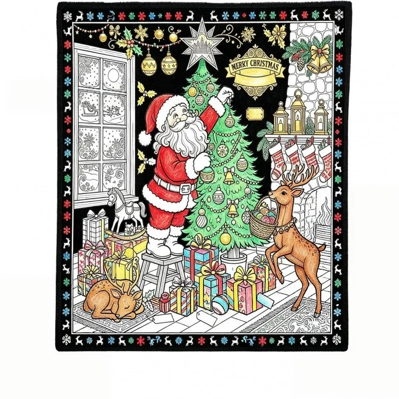 Abundant Santa Christmas Tree Gift Doodle Print DIY blanket Washable Painting Throw For Holiday Art Creation
