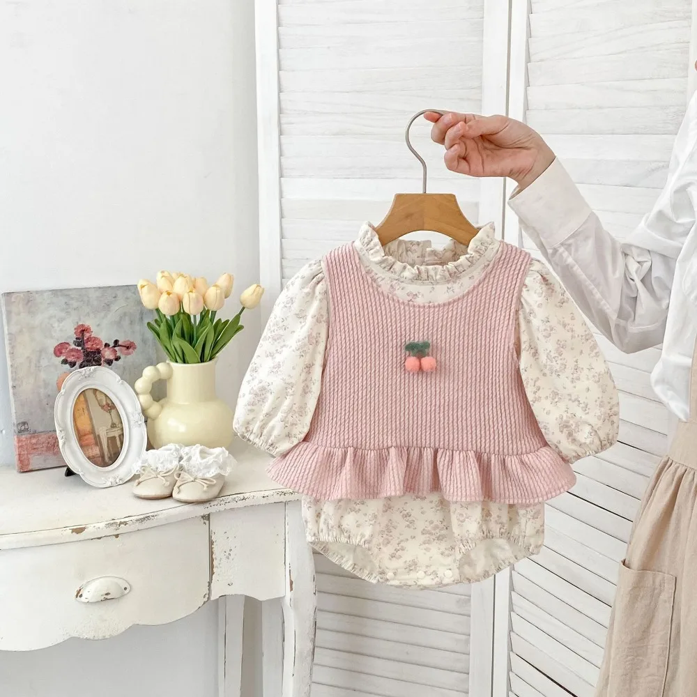 2025 Cute Newborn Baby Girl Clothes 0-2Years Princess Flower Romper Cherry Pullover Tops 2PCS Outfits Autumn Clothing Set