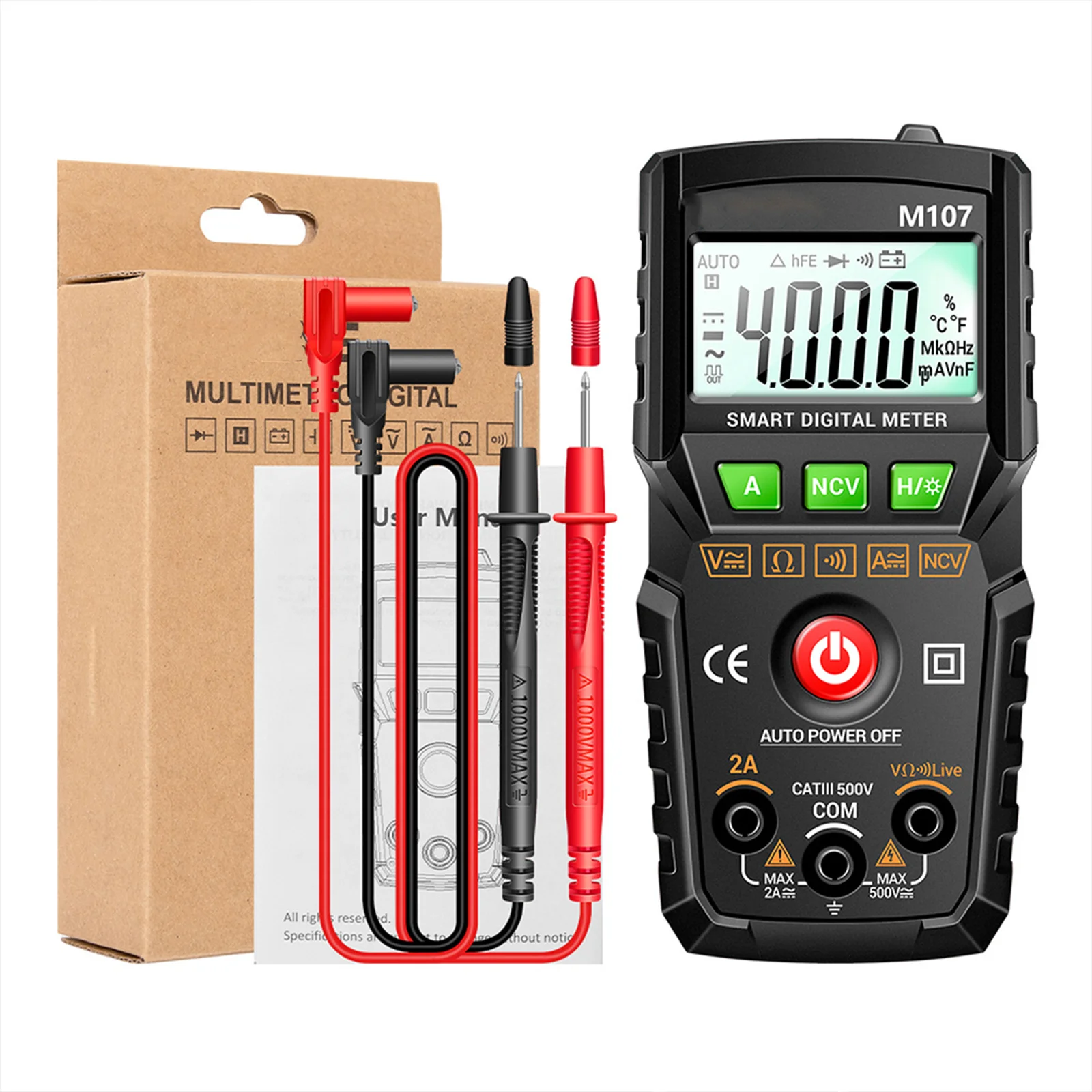 

4000 Counts Intelligent Multimeter Portable Auto-Ranging Tester Large LCD Frequency Voltage Capacitance Continuity Diode