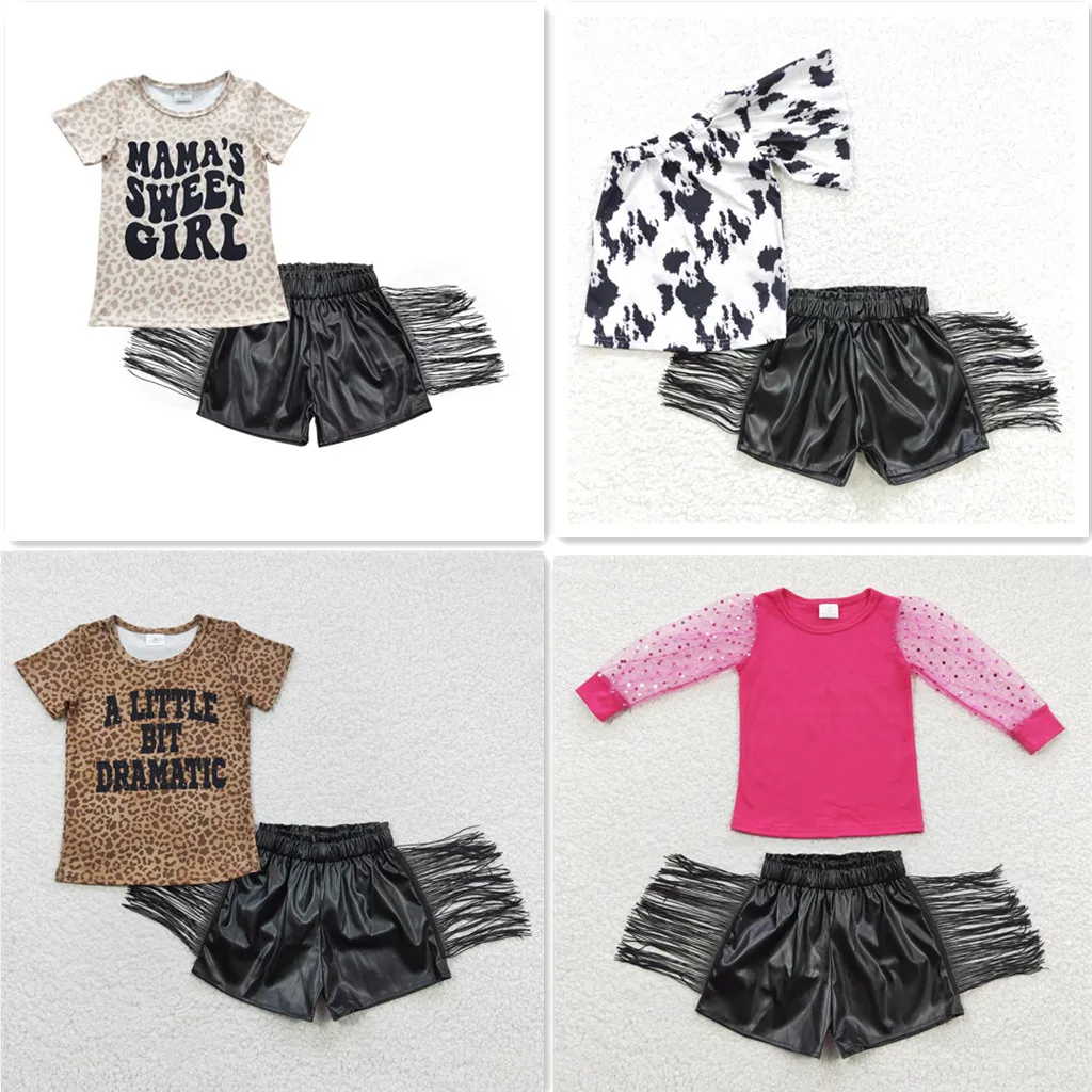 New Update RTS Toddler Black Fringed Leather Shorts Baby Summer Clothes Set K​ids Mama's Girl Boutique Outfits